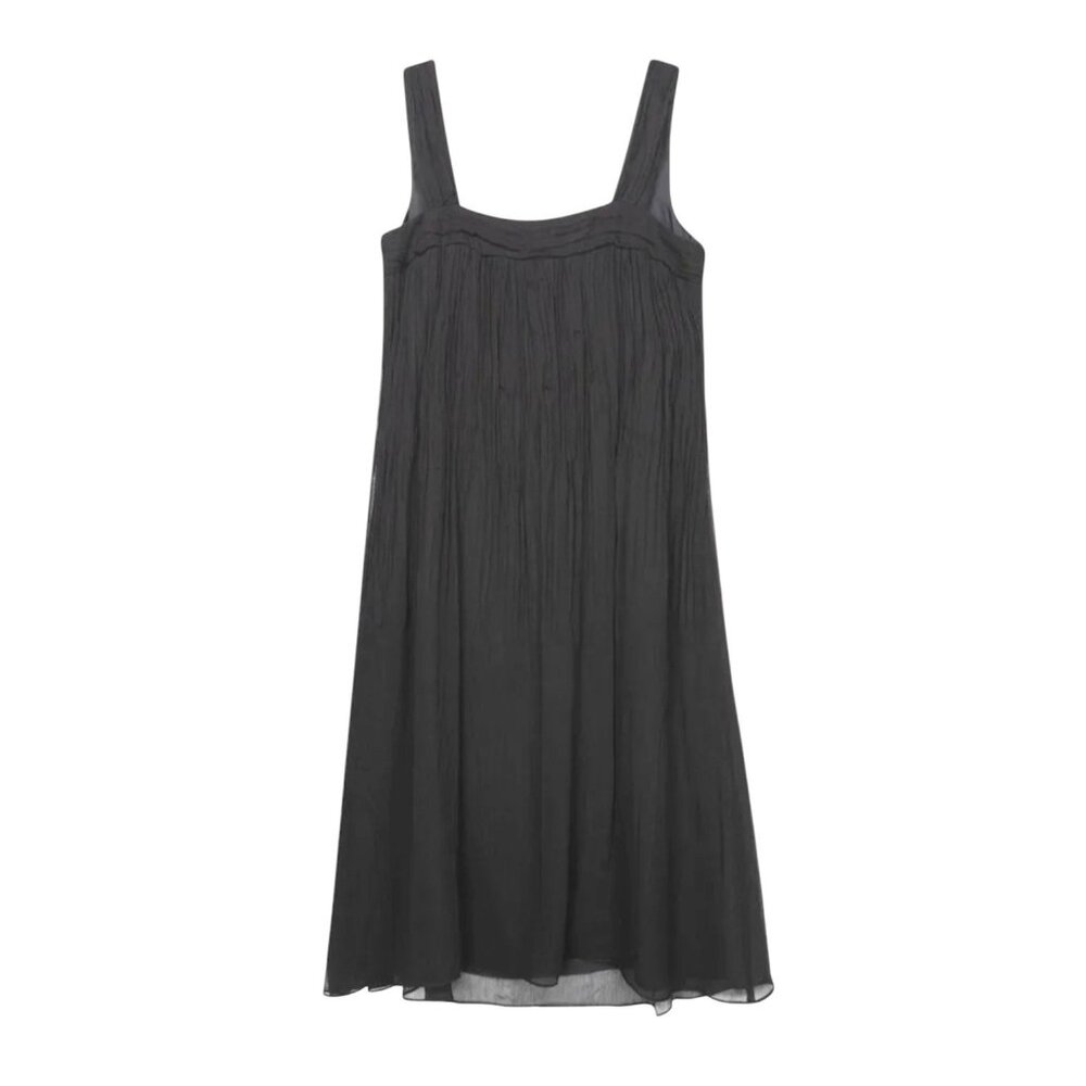 Eileen Fisher Black Lightweight Crinkle Chiffon Sleeveless Silk Dress XS - Picture 2 of 14